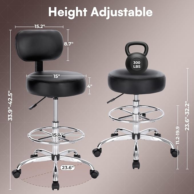 SUPERJARE Drafting Chair with Back, Adjustable Foot Rest Rolling Stool, Multi-Purpose Office Desk Chair, Thick Seat Cushion for Home Bar Kitchen Shop - Black
