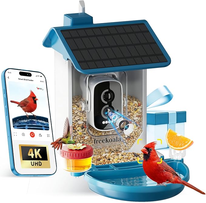 Bird Feeder with Camera, 4K UHD AI Video Bird Feeder Camera, Solar Powered Smart Bird Feeder with Camera for Outside, Instant Arrival Alerts, 3-in-1 Design, Ideal Gifts for Bird Lovers, Blue