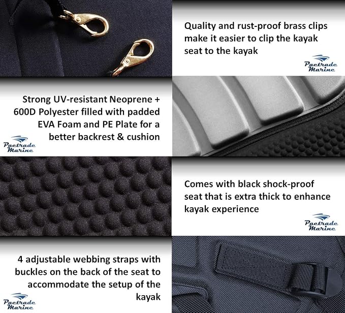Pactrade Marine Adjustable Straps Black Gray Padded Deluxe Kayak Seat Detachable Storage Back Backpack Bag Canoe Backrest Support Cushion Sit On Top Fishing Brass Clips Canoeing Kayaking Rafting (1)