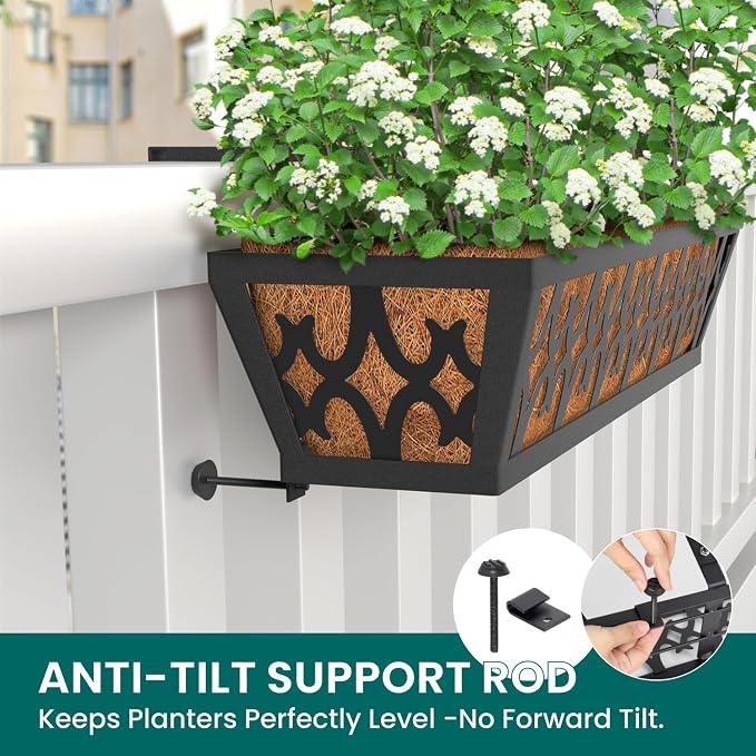 2 Pack Window Box Railing, 24IN Black Metal Hanging Flower Planter Basket with Coco Liner for Outdoor Balcony Porch Fence Patio for Home, Office and Hotel (Black)