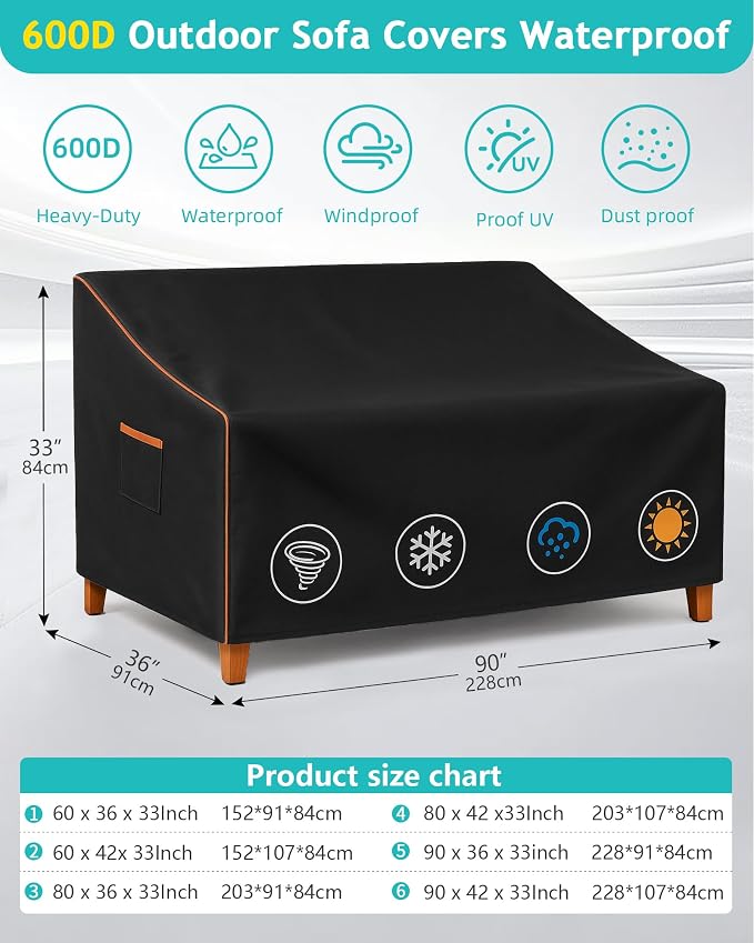 Outdoor Sofa Cover, Waterproof Patio Furniture Cover 90W x 36D x 33H inches Heavy Duty 600D Oxford Fabric Black