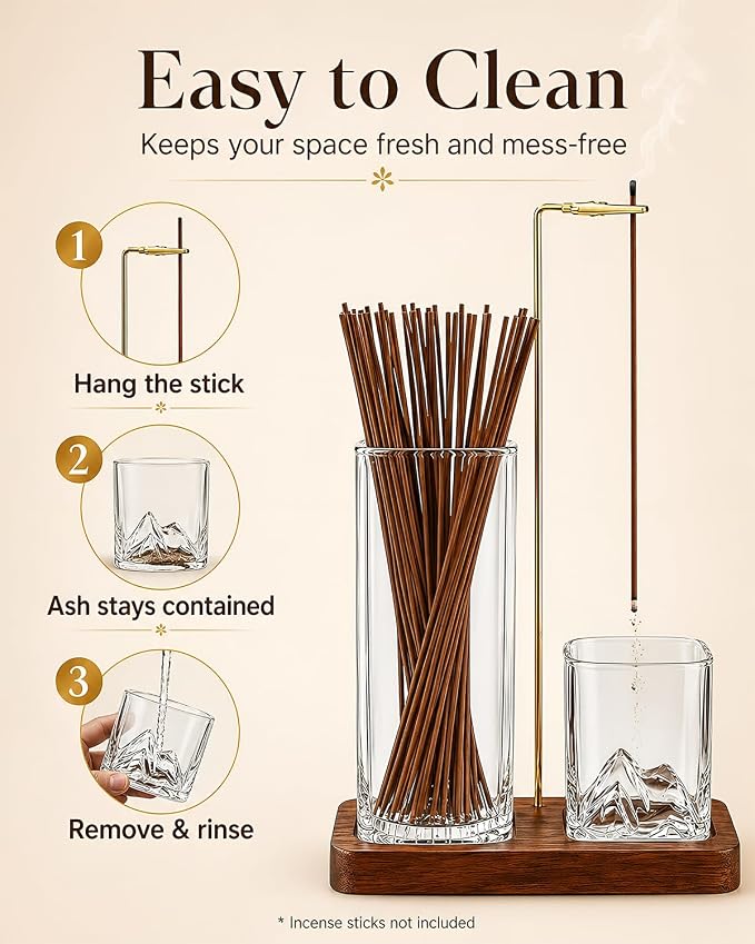 Incense Holder for Sticks, 2 in 1 Glass Incense Burner with Storage, Solid Sapele Wood Base, Removable Mountain Ash Catcher, Vertical Windproof Stand for Outdoor, Meditation (Dark Walnut)