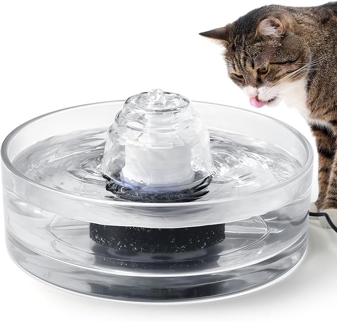 2.7L Glass Pet Fountain –Transparent Glass Cat Water Fountain & Little Dog Drinking Bowl– Automatic Cat Water Dispenser-Ultra-Quiet Pump 1 Filters & 1 Sponges