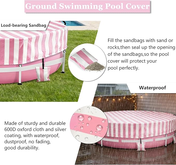 Solar Stock Tank Pool Cover, Waterproof Cover for 8 Feet by 30 Inches Large Round Metal Frame Above Ground Swimming Pool,with Tie-Down Ropes & 4 Sandbags,Increase Stability(Cover only,Pink)