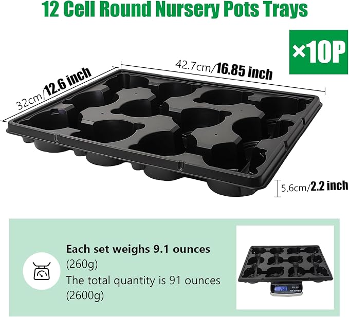 RooTrimmer 12 Cell Round Nursery Pots Trays Thickened Durable Seedling Pots Shuttle Carrying Trays for Holding 4 inch Nursery Pots (16.85" × 12.6", 10-Pack)