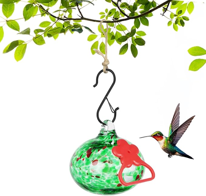 Pozfun Small Hummingbird Feeders for Outdoors Hanging,Hand-Blown Glass Hummingbird Feeder with Silicone Feeding Perch,Never Leak,Gardening Gifts for Woman Man(Green)