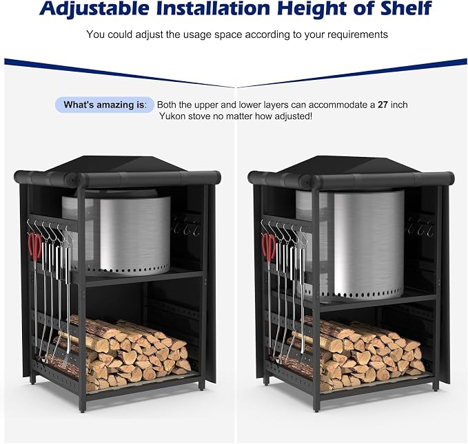 Storage Station for Solo Stove Bonfire, Yukon, Ranger, Firewood Rack Outdoor with Cover, Storage Rack for Fire Pit Accessories, with Waterproof Cover, Adjustable Shelf, Iron Black