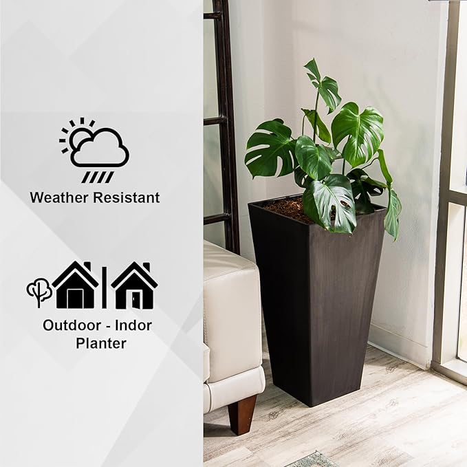 XBrand Modern 30-Inch Tall Square Planter, Modern Tapered Perfect for Indoor & Outdoor, Patio Décor, Set of 2, Black