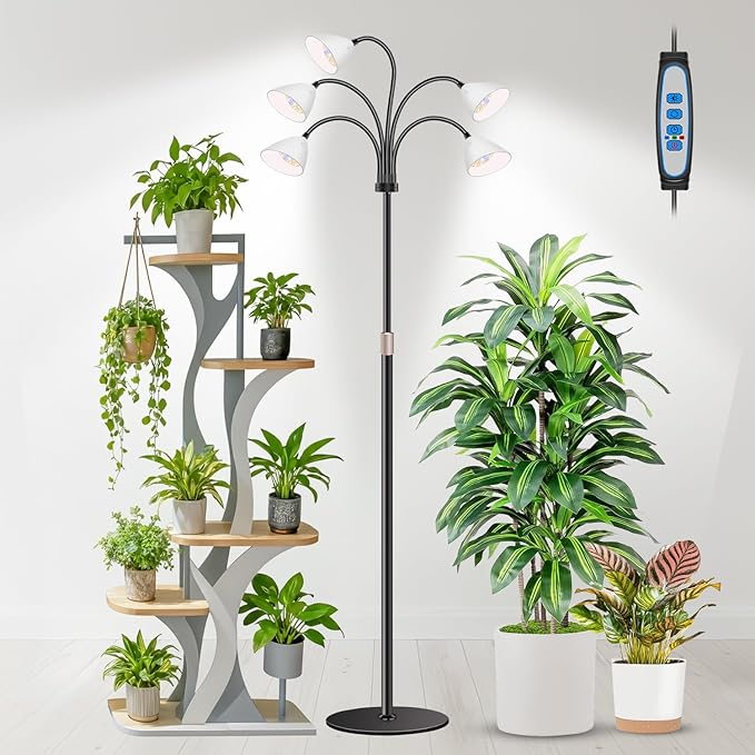 Wolezek Grow Lights for Indoor Plants Full Spectrum with Stand, 5-Head 120 LEDs Floor Plant Grow Lamp for Large Plants, Auto ON/Off Timer 6/12/16H, 5 Dimmable Levels, Adjustable Height 16.5"-61"
