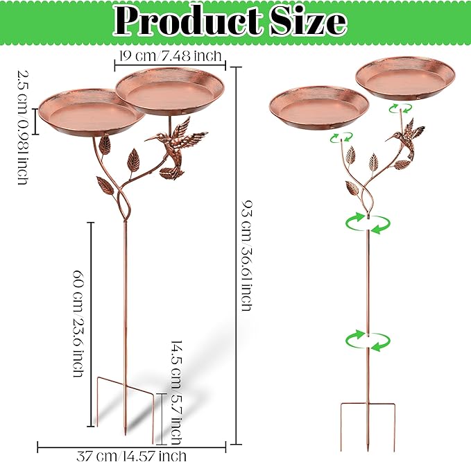 36.6 Inch Rose Gold Metal Bird Bath for Outside - Standing Bird Feeder with Dual Flower Bowls Detachable Birdbath with Hummingbird Decor Metal Stake Base for Garden Yard Outdoor
