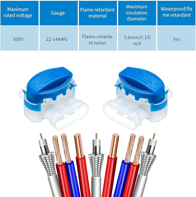 TOODOO 60 Pcs 3 Way Wire Connectors Locks Electrical IDC 314-box Wire Self-Stripping Pigtail Connectors for 22-14 AWG Cables Robotic Lawn Mowers Irrigation Application