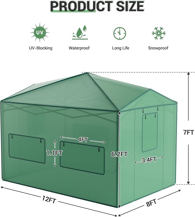 8x12 FT Pop-Up Greenhouse with Durable PE Cover, 96"x144" Large Grow Tent for All Seasons | Features Zippered Doors & Mesh Windows for Indoor/Outdoor Plants, Easy to Assemble (Green)