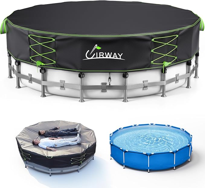 Uirway 2026 Upgraded 14ft Pool Cover Round for Above Ground Pool, Heavy Duty 600D Tear Resistant Solar Pool Cover Windproof Ratchet Locking & Reflective Drawstring, Anti-UV, with Anti-Slip Straps