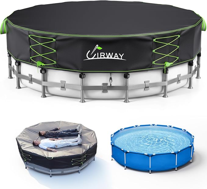 Uirway 600D Heavy Duty 10ft Round Pool Cover for Above Ground Pools, Solar Pool Cover Windproof Ratchet Locking System & Reflective Drawstring, Hard Pool Cover UV Protection,with Anti-Slip Straps