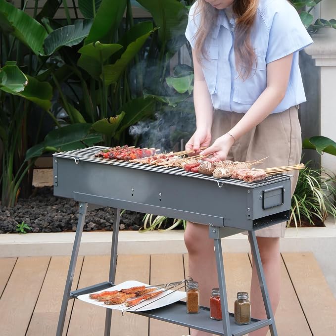 31.5’’ Portable Charcoal Grill Folding BBQ Grill for Outdoor Grilling Cooking Camping Hiking Picnics Tailgating Backpacking Party, With Excellent Ventilation Design, Matte Sliver