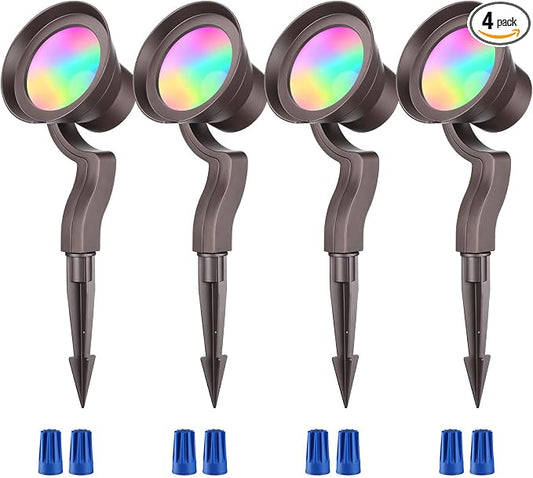 LEONLITE 9W RGB Low Voltage Landscape Lights, Color Changing Wall Wash Landscape Lighting Outdoor, 12-24V LED Landscape Spotlights, Uplight, ETL Listed, Aluminum, IP65 Waterproof, Pack of 4