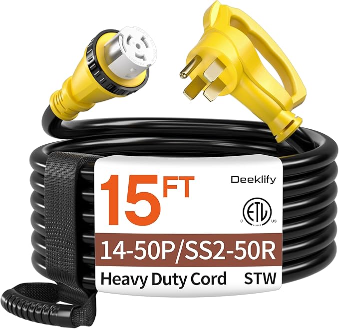 15FT 50 Amp Generator Cord, NEMA 14-50P/SS2-50R Heavy-Duty 4 Conductors Cable, Pure Copper STW RV Extension Cord, Female Plug with Twist Lock, Suitable for RV or Camper, ETL Listed