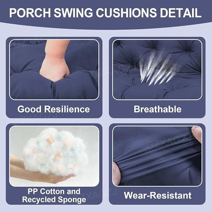 Porch Swing Cushions Outdoor 60 inch Waterproof Thicken 5" Backyard Swing Cushion with Backrest and Ties 2-3 Seat Outdoor Swing Cushions Replacement for Porch Patio Garden Lawn(Navy Blue)