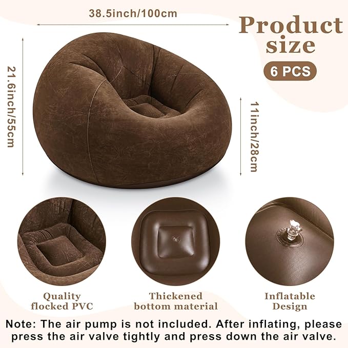 Realspring Inflatable Bean Bag Chairs Outdoor Blow up Camping Chairs Inflatable Lazy Sofa Folding Portable Bean Bag Loungers Couch for Movie Night(Dark Coffee,6 Pcs)