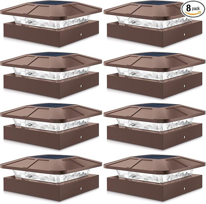 Peasur 4x4 Solar Post Cap Lights Outdoor with 3 Modes, 8 Packs Brown Fence Light Solar Powered Waterproof, Wood/Vinyl Posts Caps Lights for Deck Yard Garden Patio Porch Railing Outside