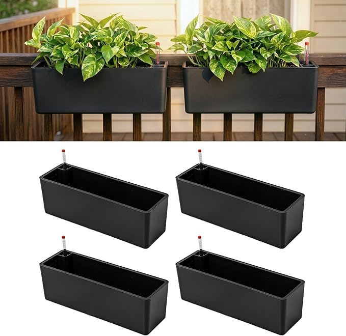 LaLaGreen Railing Planter Boxes (16 Inch, 4 Pack) Black Rectangular Plastic Window Box Planters with Self-Watering System Metal Brackets, Outdoor Plants Herbs Flowers Deck Balcony Fence Garden Decor
