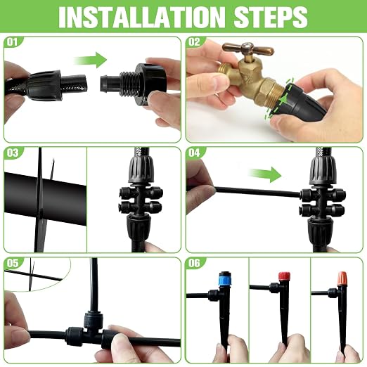 260FT Drip Irrigation System for Garden with 20 Nozzles & Emitters, Garden Watering System with 1/2" & 1/4" Tube and Barbed Fittings - Adjustable Sprinklers Kit for Greenhouse,Lawn,Pond De-Icer