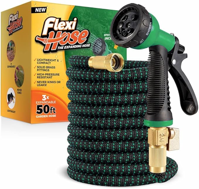 Flexi Hose with 8 Function Nozzle, 50FT - Lightweight Expandable Garden Hose, No-Kink Flexibility, 3/4 Inch Solid Brass Fittings and Double Latex Core - Green
