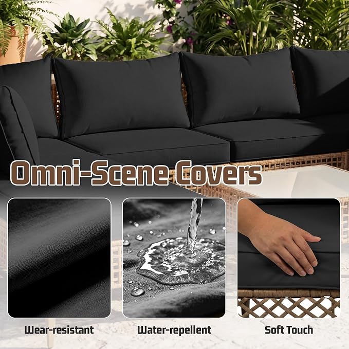 14pcs Outdoor Patio Cushion Covers Replacement, 25.6" Zippered Outdoor Cushion Covers Waterproof, UV Resistant & Washable Patio Furniture Cushion Covers Waterproof for Patio Sectional, Black