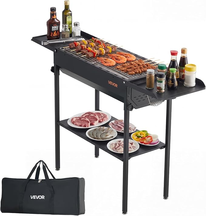 VEVOR Foldable Charcoal Grill, Portable Charcoal Barbecue Grill with Adjustable Height & Folding Side Tables, High-Temp Powder-Coated Steel Outdoor BBQ Grills for Camping Backyard Parties