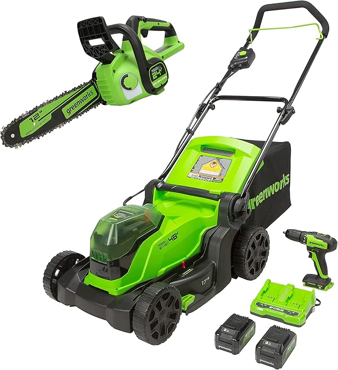 Greenworks 48V 17" Brushless Cordless Lawn Mower + 24V Brushless Drill/Driver + 24V 12" Brushless Chainsaw, (2) 4.0Ah USB Batteries (USB Hub) and Dual Port Rapid Charger Included (2 x 24V)