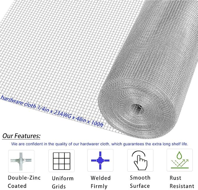 Hardware Cloth 1/4in 4ft x100ft Hot Dip Galvanized Rust Resistant Welded Wire Mesh,23AWG Square Chicken Wire Fence Garden Plants Fencing,Chicken Coop Rabbit Poultry Critters Metal Cage Roll