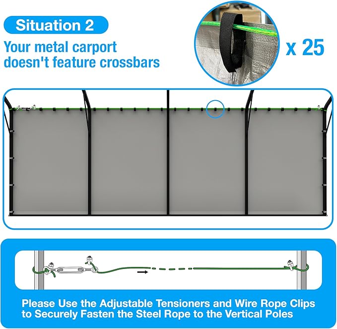 Metal Carport Sidewalls for 20ft Heavy Duty PE Tarp Enclosure Panels for 12x20ft, 20x20ft, 20x25ft Carport Garage, Waterproof Windproof Weather Strip, Frame Not Included (Gray,2 Packs