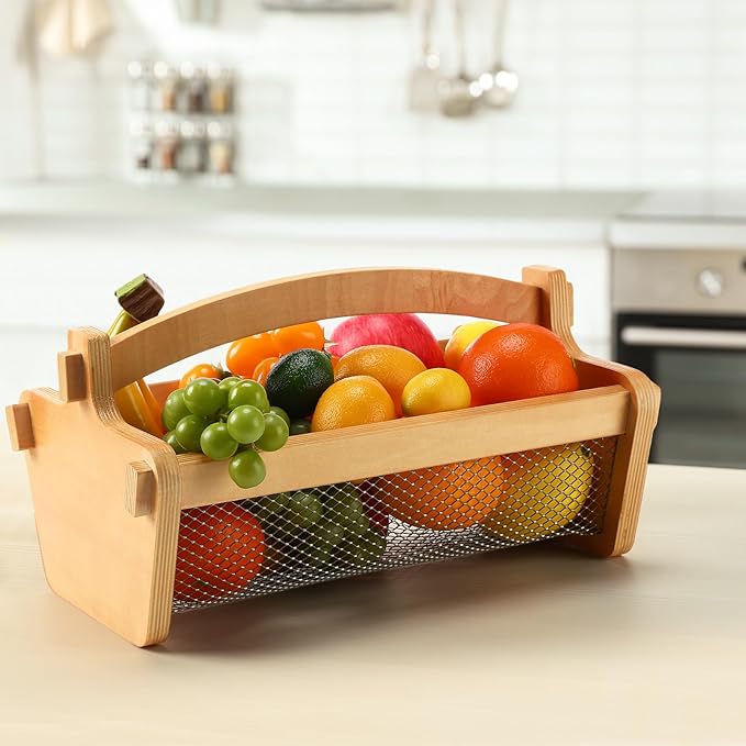 Teenyyou Garden Harvest Basket Mesh Storage with Handle Versatile Gardening Fruits Vegetables Gathering Basket Garden Supply Gardener Gift Spring for Washing Holding(Wood Color,13.4in)