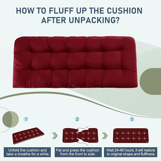 downluxe Outdoor Bench Cushion for Patio Furniture, Water Resistant Tufted Overstuffed Porch Swing Cushions, Thick Outdoor Loveseat Cushions, 59" x 18" x 5", Burgundy, Set of 1