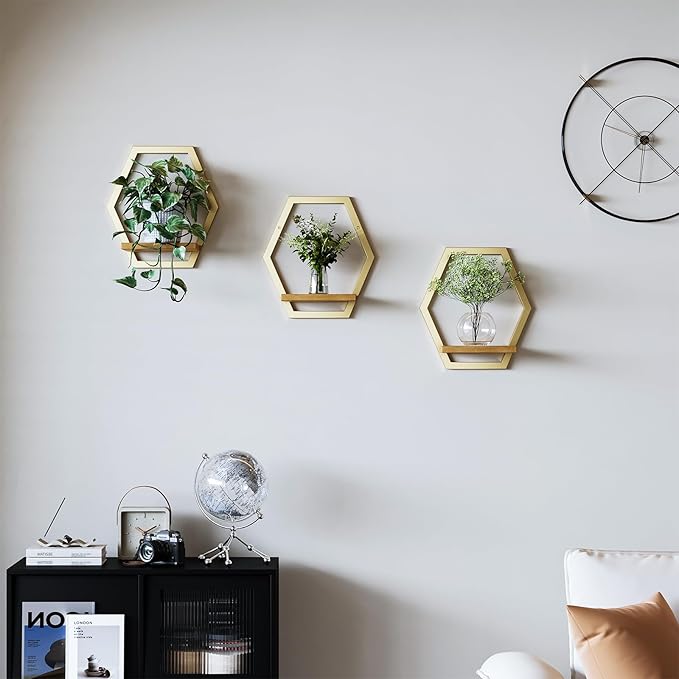 3 Pack Solid Wood & Heavy Duty Metal Wall Plant Stands, 25 LB Load Boho Arch Hanging Planter,9 inch Natural Wood Shelf for Indoor Plants Golden
