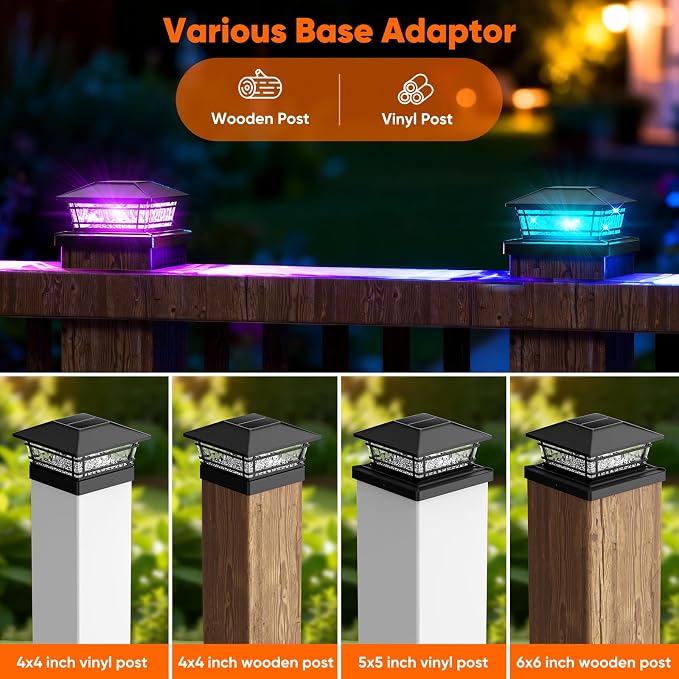 Solar Post Cap Lights Outdoor with 8 RGB Solid Colors & Color Changing,Fence Post Solar Lights for Porch Patio Yard, Waterproof Deck Post Solar Lights for 4x4 5x5 6x6 Vinyl/Wooden Posts, Black