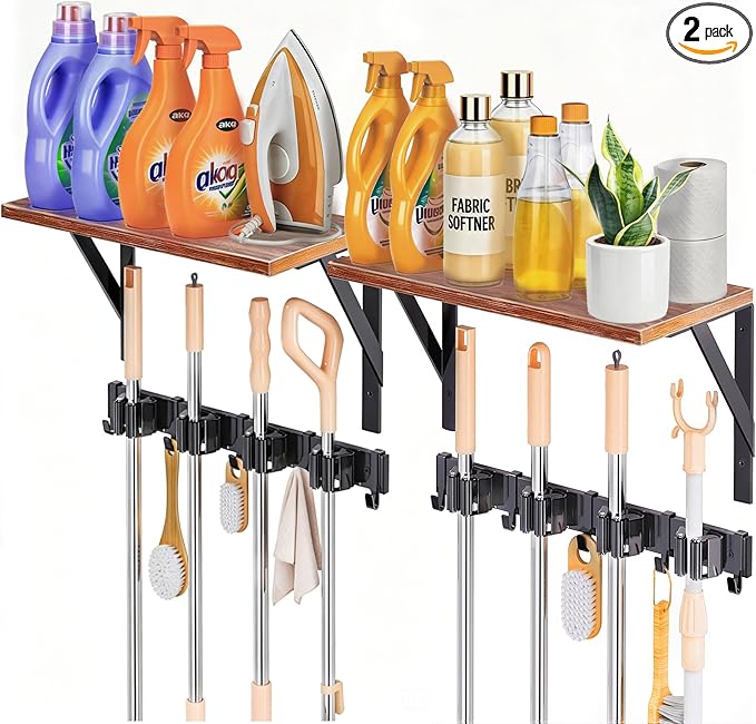 2Pack Broom Holder Wall Mount with Organizer Shelf, Space-Saving Broom and Mop Organizer Wall Hanging with 8 Broom Slots 10 Removable Hooks, Laundry Room Shelves for Laundry Room Garage Garden Closet