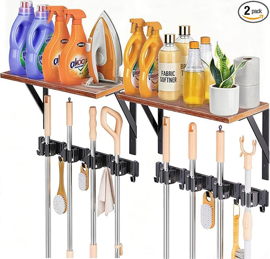 2Pack Broom Holder Wall Mount with Organizer Shelf, Space-Saving Broom and Mop Organizer Wall Hanging with 8 Broom Slots 10 Removable Hooks, Laundry Room Shelves for Laundry Room Garage Garden Closet