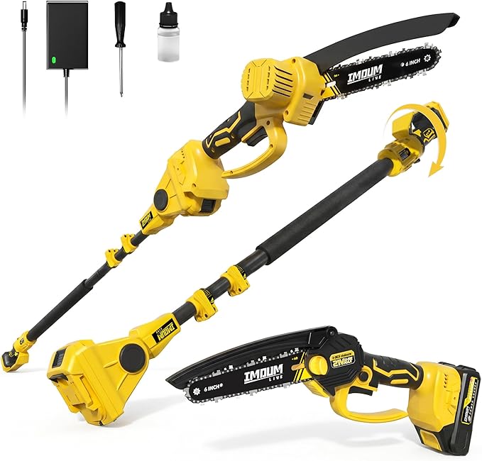 IMOUMLIVE 2-in-1 Pole Saws for Tree Trimming, 6 Inch Mini Chainsaw Cordless with 180°Rotatable Pole, 21V Battery Powered Electric Pole Saw, Lightweight Tree Trimmer High Branch Pruner with Battery