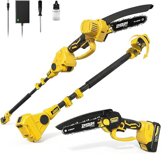 IMOUMLIVE 2-in-1 Pole Saws for Tree Trimming, 6 Inch Mini Chainsaw Cordless with 180°Rotatable Pole, 21V Battery Powered Electric Pole Saw, Lightweight Tree Trimmer High Branch Pruner with Battery