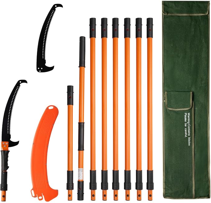 VEVOR Manual Pole Saw, 4.46-26.4 ft Extendable Tree Pruner, Sharp 65Mn Steel Blade, Lightweight Fiberglass Handle Pole, Two Double-Hook Saws for High Branch Trimming, Pruning Tool for Palms, Shrubs