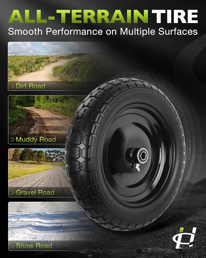4.80/4.00-8 wheelbarrow tire, 14.5" Flat Free Solid Tire and Wheel, 3" Centered Hub, 5/8" & 3/4" Bearings, Universal Replacement for Garden Carts Wagon Wheel Barrow, 2 Pack