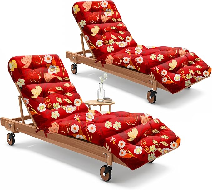 2 Pack Outdoor Chaise Lounge Chair Cushion 75.1 x 22.8 x 4.7 Inches 100% Waterproof Replacement Cotton Patio Pool Lounge Chair Cushion for Outdoor Furniture with Ties, Red Peony