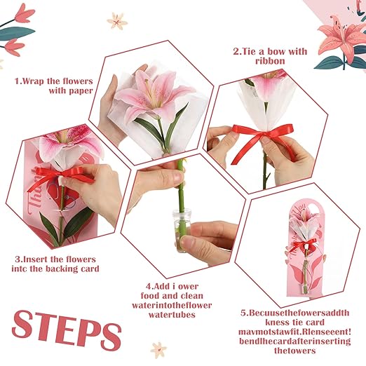 Eaasty 24 Set Nurses' Day Themed Single Lily Card Sleeve Gift Packaging Flower Holder with Floral Water Tubes Ribbon and Tissue Paper for Flower Packing