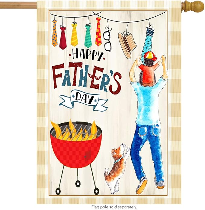 Wamika Happy Fathers Day Best Dad Double Sided House Flag Garden Banner 28" x 40", Father BBQ Lovely Dog Hat Sunglasses Men Tie Garden Flags for Anniversary Yard Outdoor Decoration