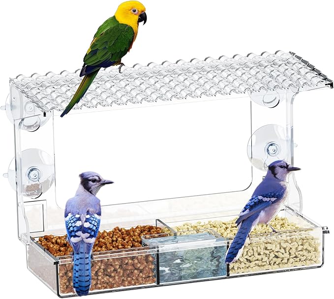 Window Bird Feeder with Strong Suction Cups – Flat-Tile Roof Acrylic Bird Feeder for Outdoors, Clear Viewing Box for Wild Birds & Cats, Easy-to-Clean, Large Capacity, Transparent Birdhouse Feeder