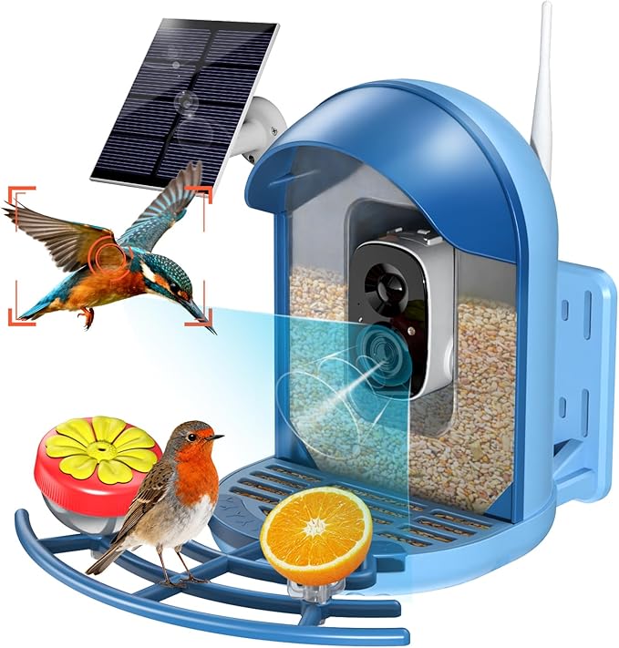 Smart Bird Feeder with 2K Camera, Solar Powered Wireless Birds House with APP Control, Night Vision, Motion Detection Alerts, IP66 Outdoor Birdfeeder for Backyard Garden Bird Watching,Blue