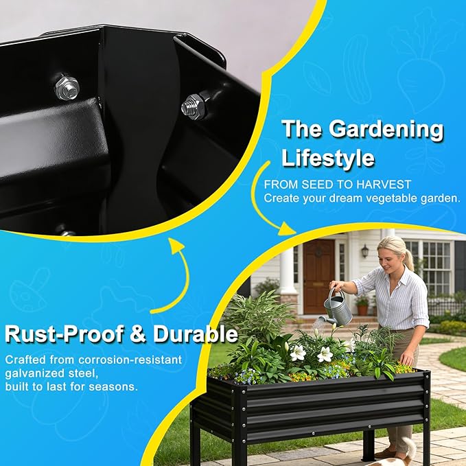 Large Galvanized Raised Garden Bed Outdoor with Legs, Load Capacity 1200LB, 48x26x30in Raised Garden Bed, for Backyard/Patio/Balcony/Gardening/Vegetables Flowers, Black