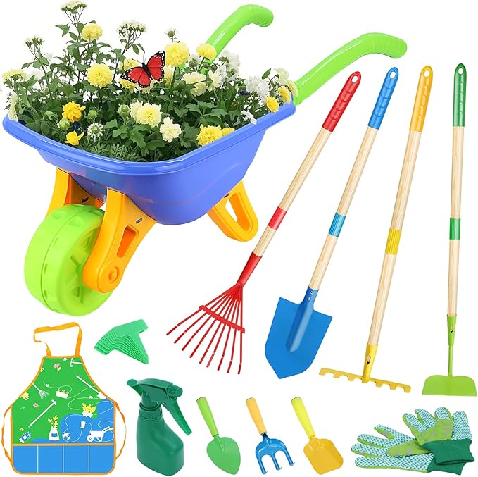Magic4U 11-Piece Kids Gardening Set with Wheelbarrow, Shovel, Rake, Hoe, Gloves & Apron - Heavy-Duty Steel Tools & Interchangeable Handles, Outdoor Yard Toys for Boys Girls Ages 3-8
