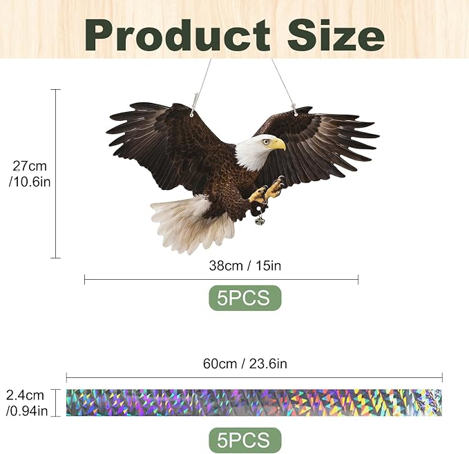 5 Pcs Flat Fake Eagle to Scare Pigeon Woodpecker Away, Hanging Plastic Flat Fake Eagle with Reflective Tape to Scare Animals Away from Contryard Patio Yard Porch Balcony Windows Orchard Farm